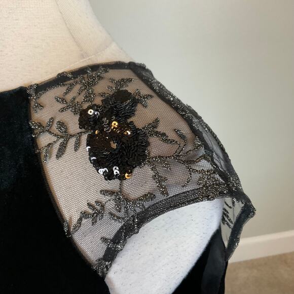 Ralph Lauren Black Sequin Velvet Midi Sheath Cocktail Dress Size 14 Short Sleeve - Picture 7 of 13